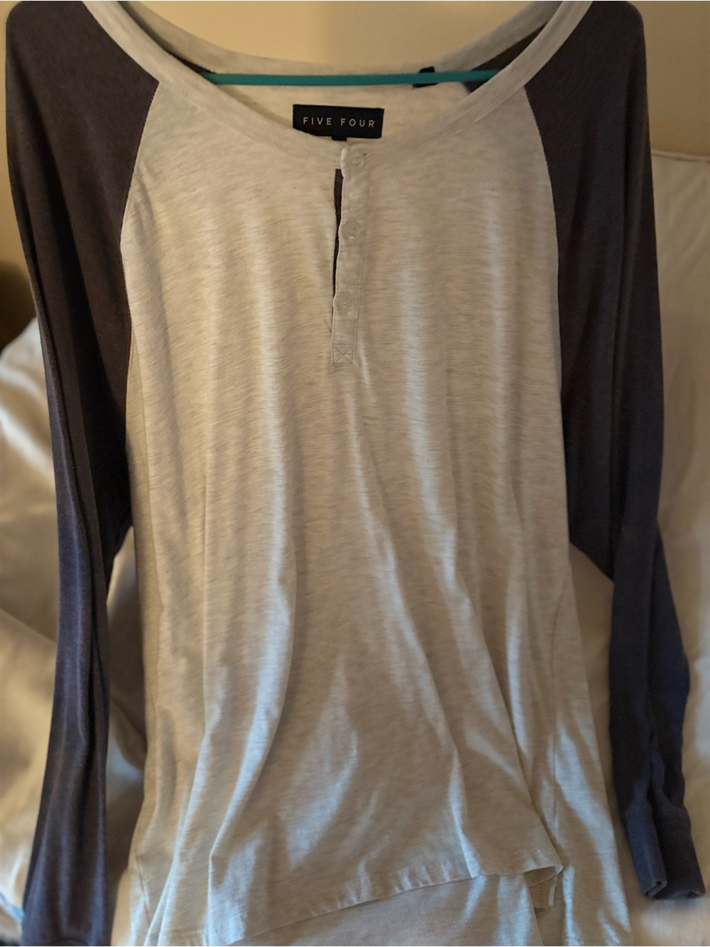 Five Four Long Sleeve Raglan Henley - Light Gray and Navy